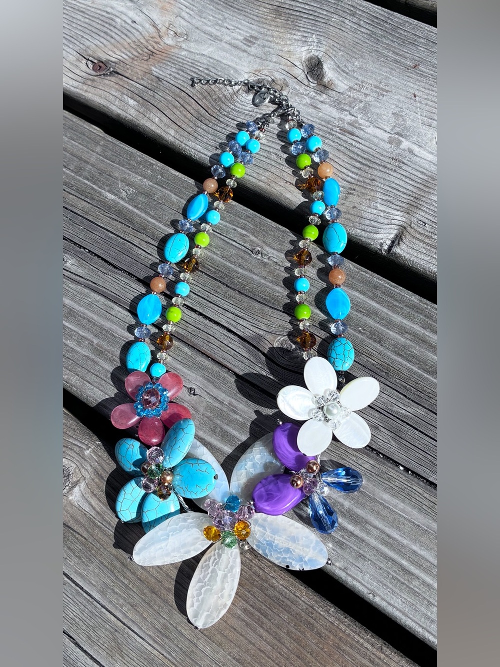 Colorful Floral Statement Necklace Semi-precious stones Artisan Handmade